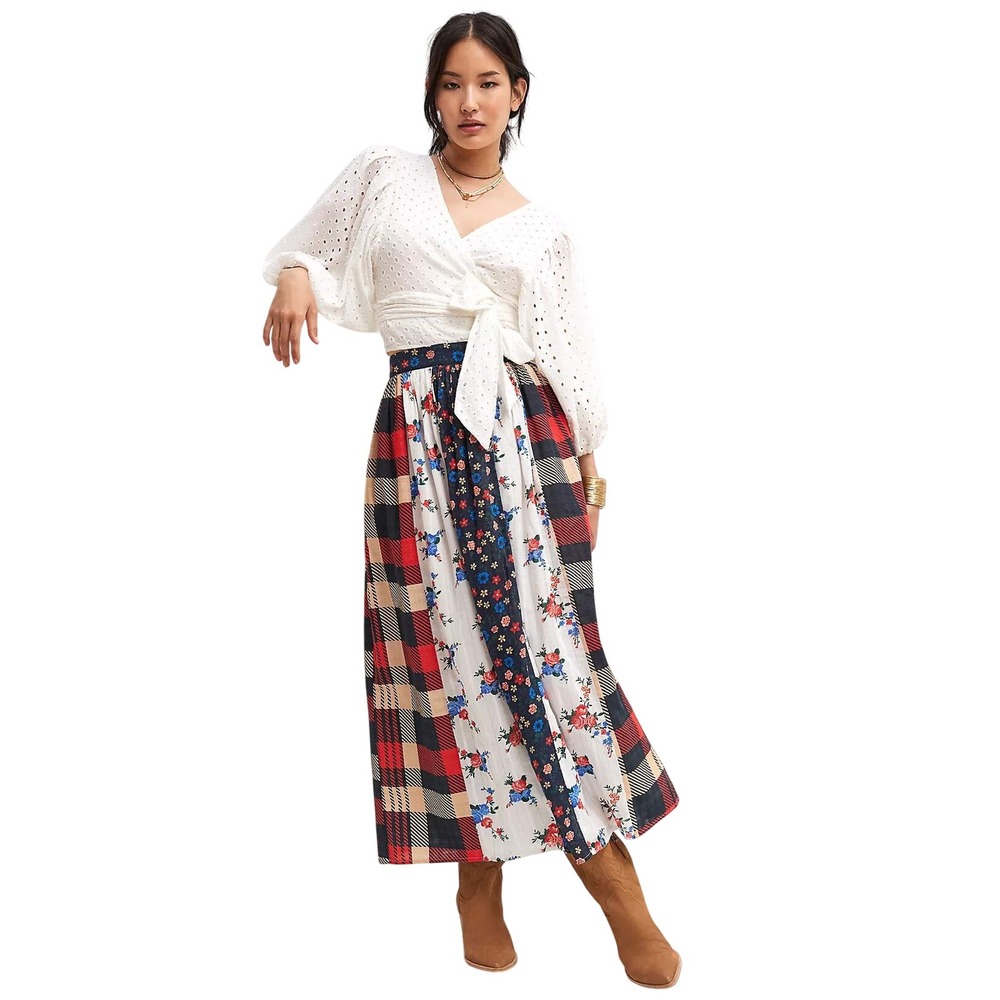 Anthropologie Let Me Be Contrast Patchwork Floral Plaid Maxi Skirt XS